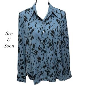 See U Soon Blue Animal Print Collar Button Front Long Sleeve Blouse NWT Size 8